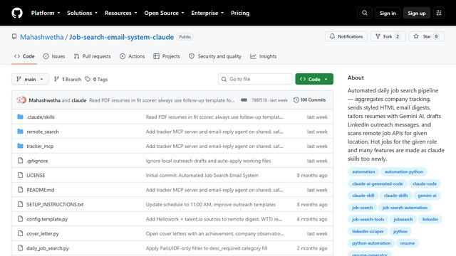 Screenshot of the Job Search Email System repository on GitHub